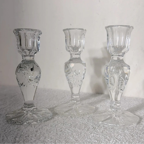 Vintage Clear Lead  Crystal whirling Star Pinwheel Candlestick Holders X3 - Picture 3 of 12